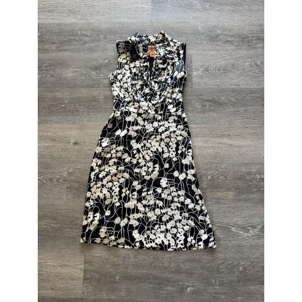 Tory Burch Black White Floral Sleeveless 100% Silk Sheath Dress Women's Sz 2